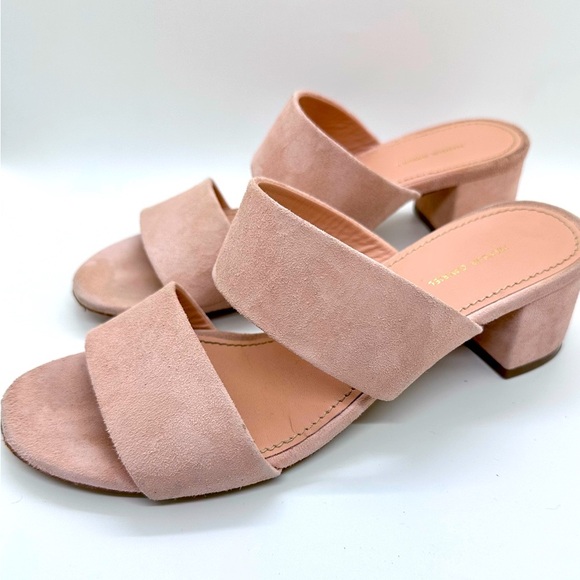 Mansur Gavriel Apricot Suede Double Strap Block Heel Slides - Picture 2 of 8